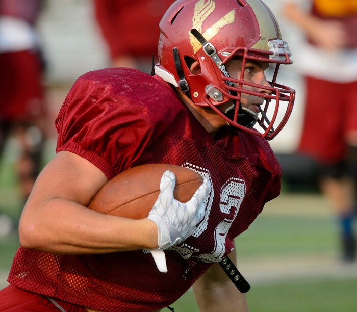(Steve Griffin | The Salt Lake Tribune) Viewmont High School running back Cameron Brown runs the ball during practice in Bountiful Wednesday September 6, 2017.