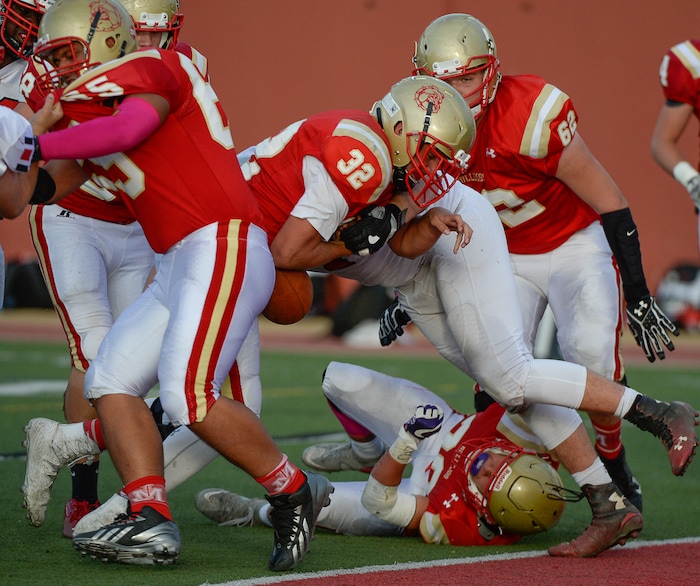 (Francisco Kjolseth  |  The Salt Lake Tribune)  Judge Quarterback Parker Edgington is unable to regain full control of the ball at the end zone but the call goes his way for a touchdown against Manti in the Class 3A football playoff game on Thursday, Oct. 19, 2017. 