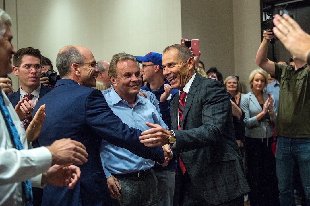 (Chris Detrick  |  The Salt Lake Tribune)  Provo Mayor John Curtis greets his supporters during his election night party at the Provo Marriott Hotel & Conference Center Tuesday, August 15, 2017. 