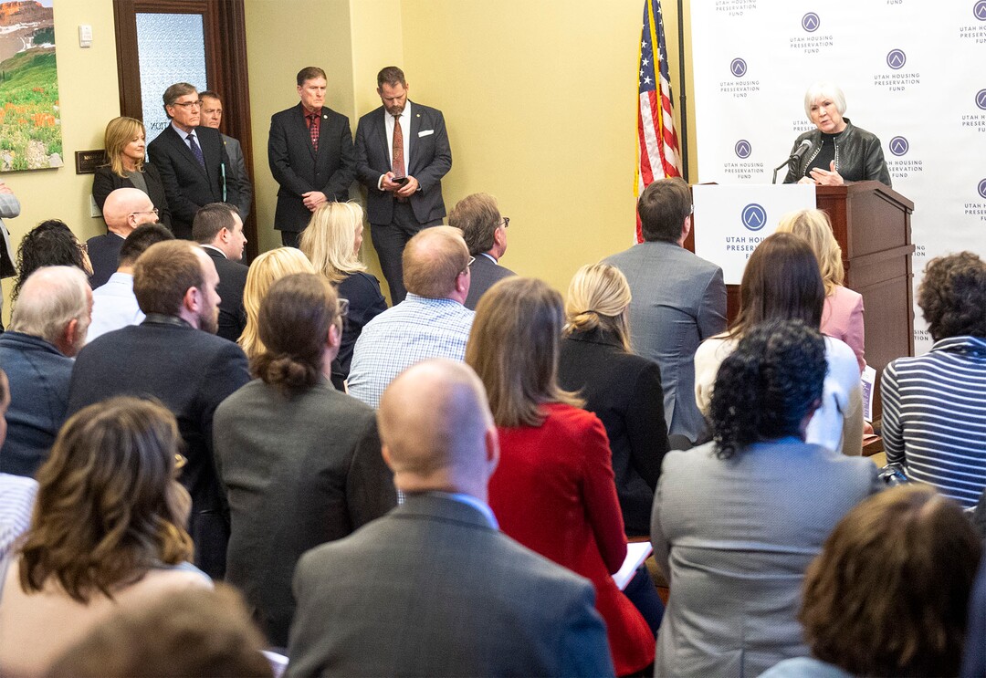 (Rick Egan  |  The Salt Lake Tribune)     Gail Miller, Board Chair, Intermountain Healthcare, talks about the $100 million private-sector driven effort to preserve affordable housing in Utah, at a news conference at the Utah State Capitol, Monday March 2, 2020