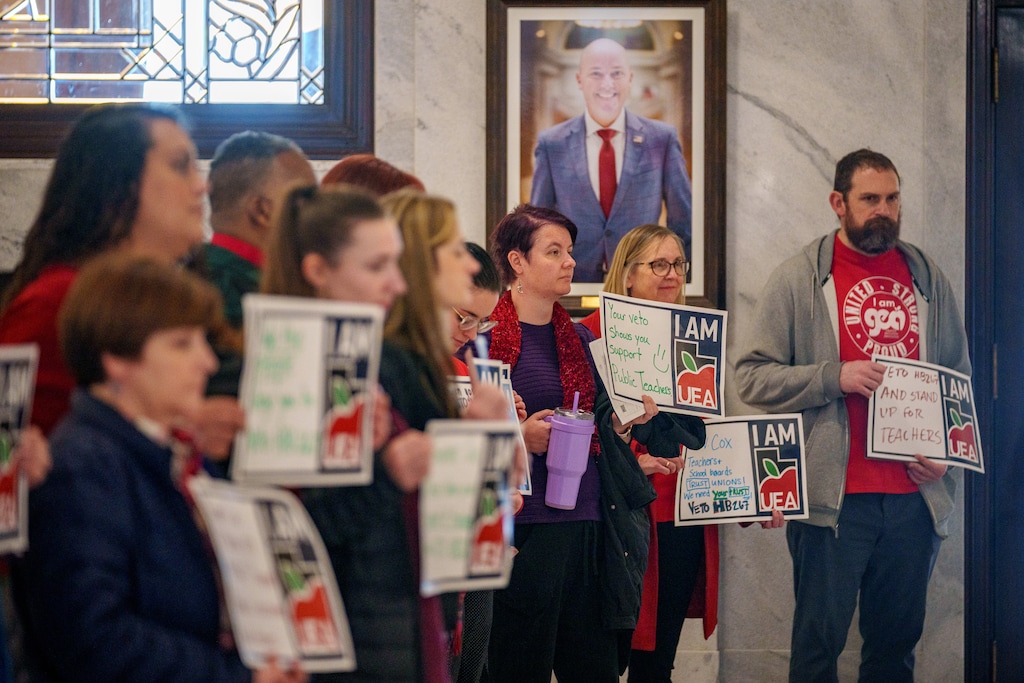 (Trent Nelson  |  The Salt Lake Tribune) Educators and supporters hold a silent protest outside of Gov. Spencer Cox's office at the Utah Capitol in Salt Lake City over the anti-union bill HB267 on Friday, Feb. 14, 2025.