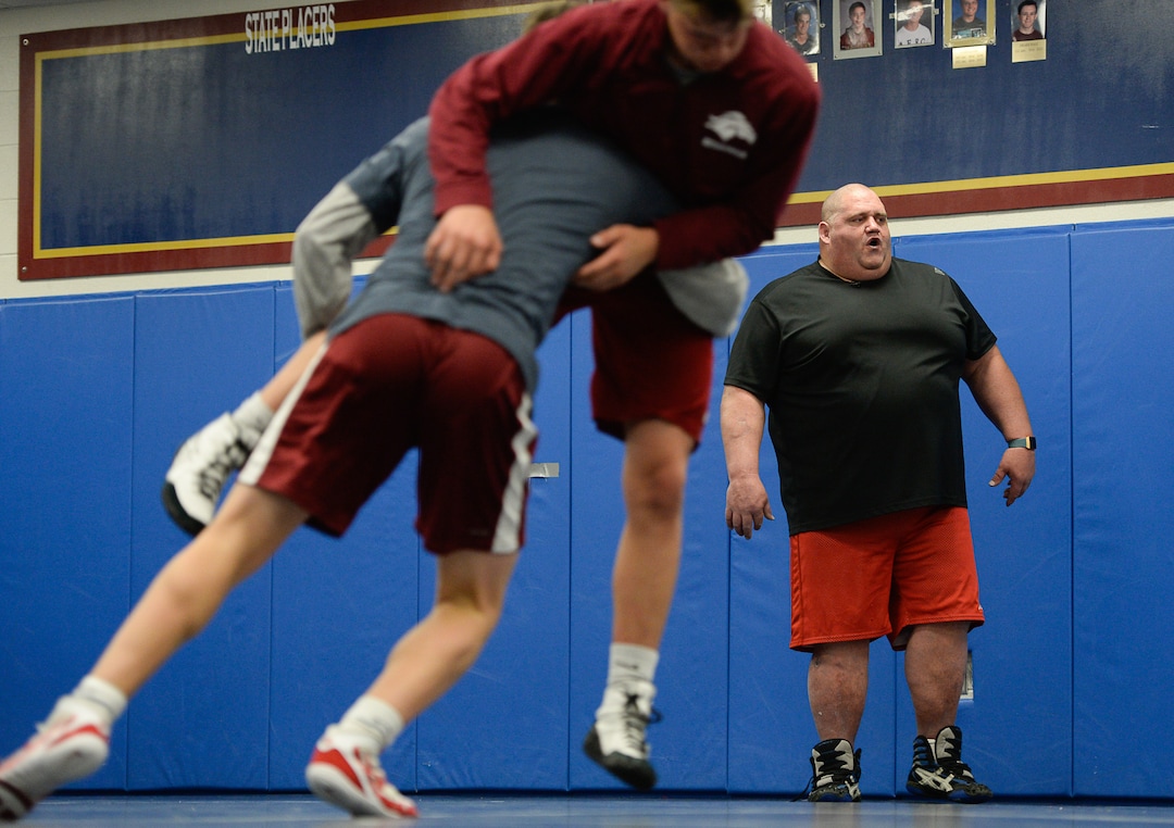 (Francisco Kjolseth  |  The Salt Lake Tribune)  Olympic wrestling champion Rulon Gardner runs an introductory clinic with young wrestlers at Herriman High School after being introduced as the new coach on Wed. May 17, 2018. Gardner a retired Greco-Roman wrestler won the gold medal in 2000 and the bronze in 2004. 