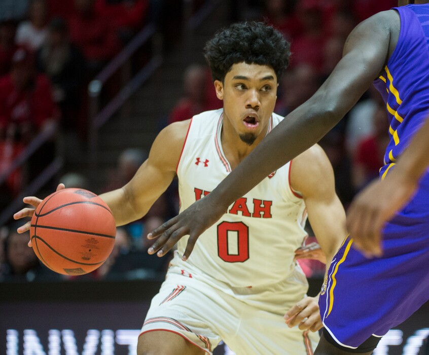 (Rick Egan  |  The Salt Lake Tribune)   Utah Utes guard Sedrick Barefield (0) bring the ball down court, in NIT playoff action between Utah Utes and LSU Tigers at the Jon M. Huntsman Center, Monday, March 19, 2018.