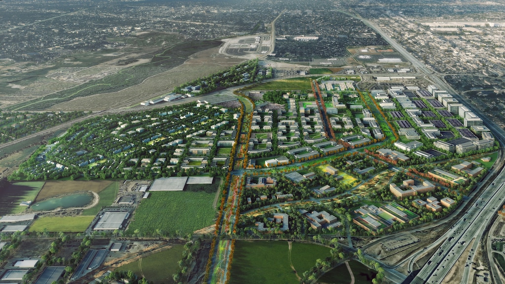 An overview rendering, looking north, of what the 700-acre state prison site in Draper could look like under the redevelopment blueprint for the Top of the Mountain area in southern Salt Lake and northern Utah counties. (HOK/Envision Utah)