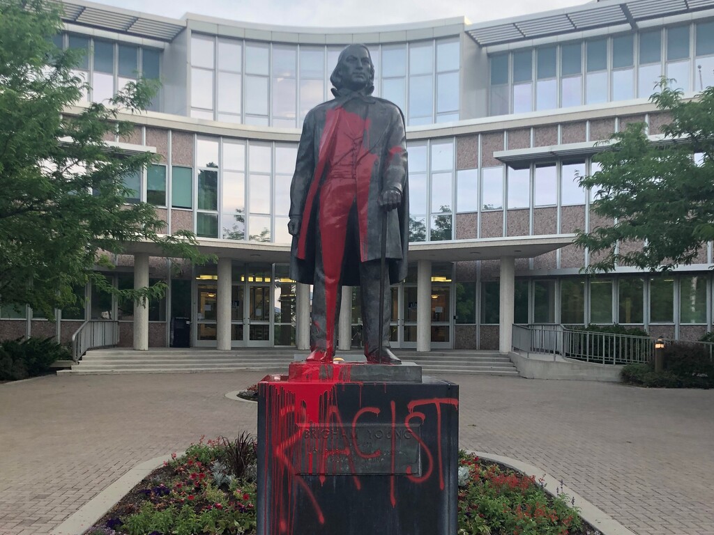 (Photo courtesy of BYU Police) A statue of Brigham Young on campus was painted red on June 14 or 15, 2020.