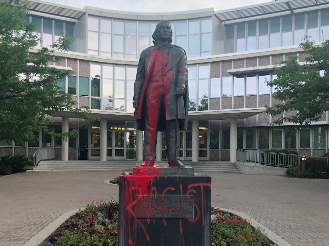 (Photo courtesy of BYU Police) Pictured is the statue of Brigham Young on campus that was painted red on June 14 or 15, 2020.