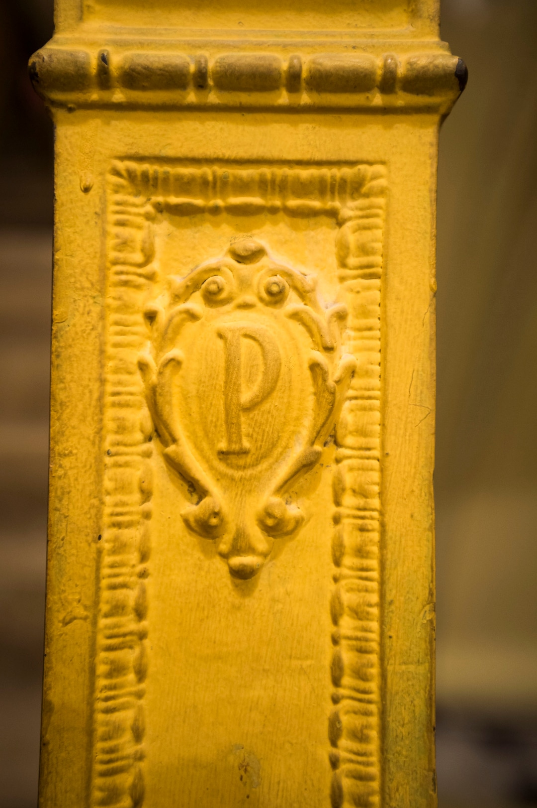 (Steve Griffin  |  Tribune file photo)  The letter "P" is engraved on a railing in the interior of the aging Utah Theater, formerly the Pantages Theatre, as seen Dec. 2015.