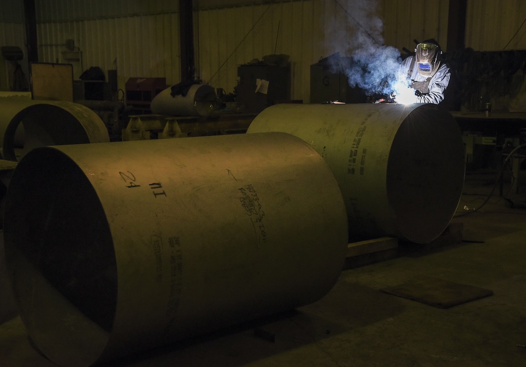 (Francisco Kjolseth  |  The Salt Lake Tribune)  Ryan Frigm welds ducting at Structural Steel and Plate Fabrication in North Salt Lake bound for a gold quarry in Newmont, Nevada. The recent steel tariffs have negatively affected the company as they face numerous challenges from costs, inventory availability and the possibility that customers will delay fabrication projects. 