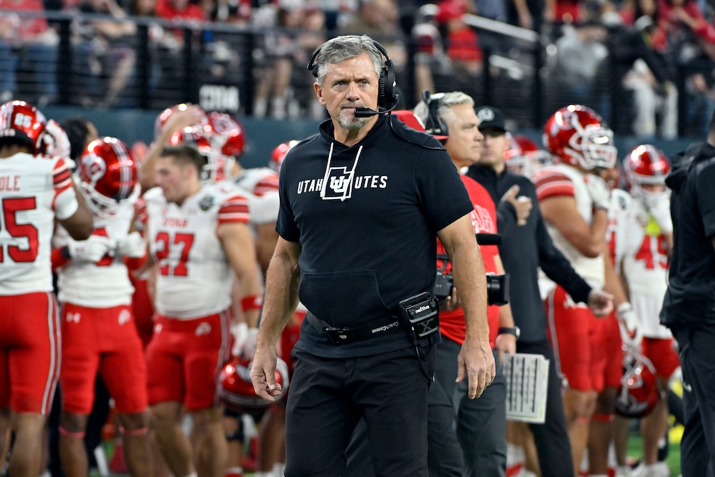 (David Becker | AP) Utah head coach Kyle Whittingham looks on from the sideline before the Las Vegas Bowl NCAA college football game against Northwestern, Saturday, Dec. 23, 2023, in Las Vegas.