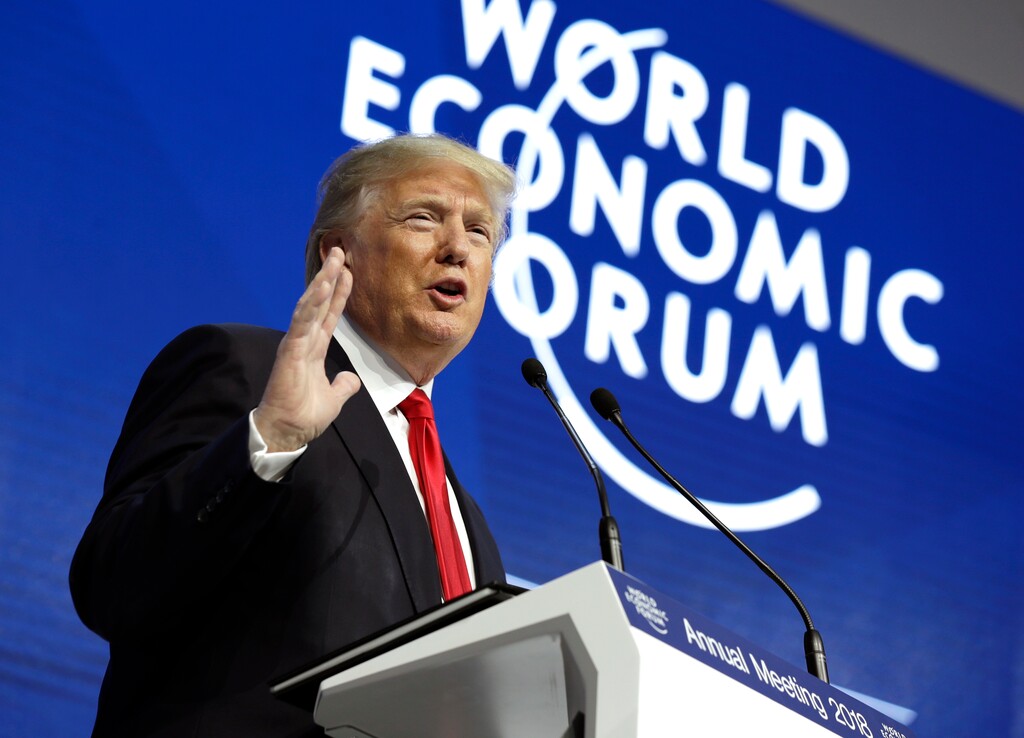 (Evan Vucci | The Associated Press) In this Jan. 26, 2018, photo, President Donald Trump speaks at the World Economic Forum in Davos, Switzerland. On Tuesday, Trump will give his State of the Union speech, which is expected to build on a theme of "building a safe, strong and proud America."