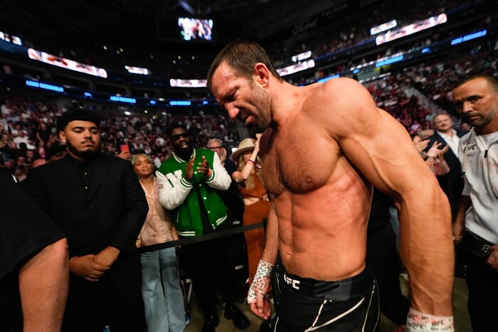 (Francisco Kjolseth | The Salt Lake Tribune) Former middleweight champion Luke Rockhold of the United States walks out of the arena in defeat following a bloody bout with No. 6 ranked middleweight Paulo Costa of Brazil, during their UFC 278 mixed martial arts bout in the octagon at Vivint Arena in Salt Lake City on Saturday, Aug. 20, 2022. 