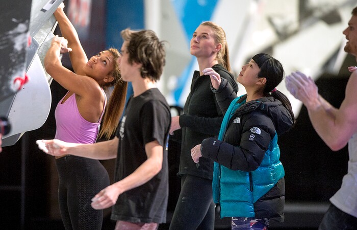 (Leah Hogsten  |  The Salt Lake Tribune) Climbers survey their routes prior to competing at USA Climbing's Bouldering Open National Championships at the Salt Palace Convention Center, Saturday, February 3, 2018 in Salt Lake City, UT. 

. 