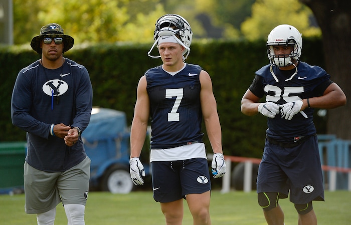 (Francisco Kjolseth  |  The Salt Lake Tribune)  BYU opens preseason training camp on their practice field as the team runs through drills on Thursday, Aug. 2, 2018.