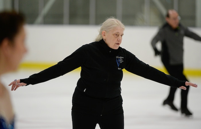 (Francisco Kjolseth  |  The Salt Lake Tribune)  Barb Foley, 71, of Orland Park, Illinois warms up on the ice as part of the 2019 U.S. Adult Figure Skating Championships, now in its 25th year, being held at the SLC Sports Complex. Over 600 skaters between 21 and 80 will compete April 3-6.