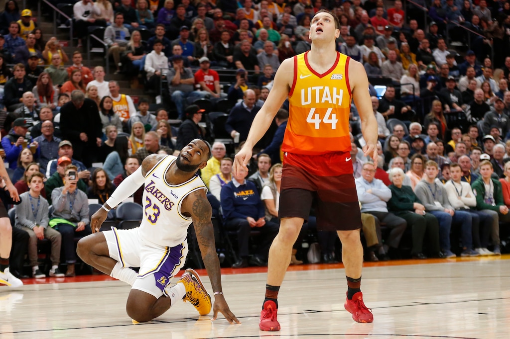 (Rick Bowmer | AP) Los Angeles Lakers forward LeBron James (23) and Utah Jazz forward Bojan Bogdanovic (44) wait on a rebound in the first half during an NBA basketball game Wednesday, Dec. 4, 2019, in Salt Lake City.