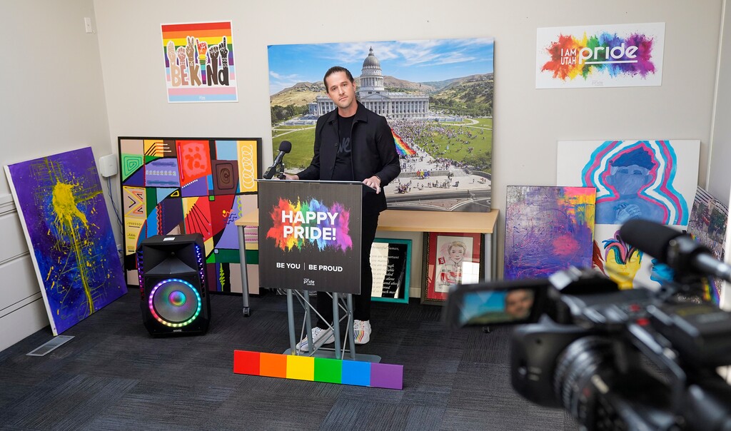 (Chris Samuels | The Salt Lake Tribune) New executive director of the Utah Pride Center Chad Call speaks to media at the center’s offices in Salt Lake City, Wednesday, May 1, 2024.