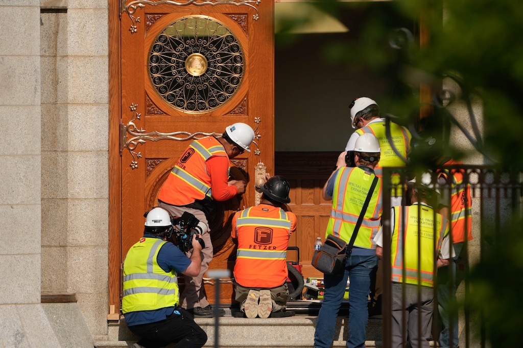 (Francisco Kjolseth  | The Salt Lake Tribune) The iconic original first set of east doors of the Salt Lake Temple are reinstalled after an extensive restoration on Tuesday, June 23, 2026.
