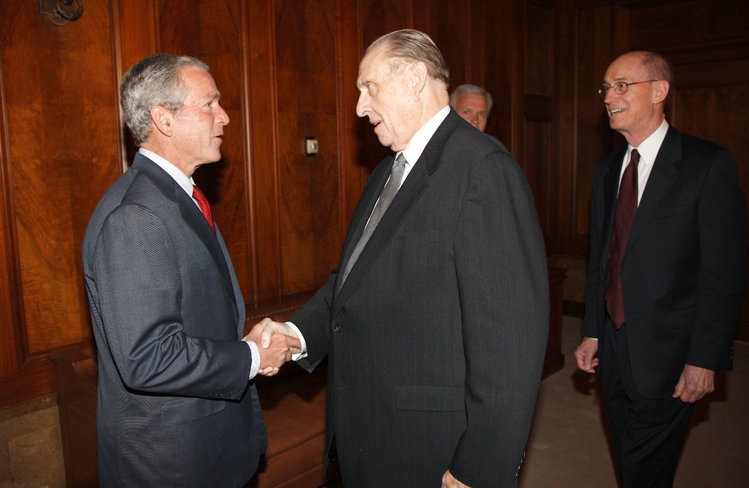 (White House photo by Eric Draper) President George W. Bush greets President Thomas S. Monson at the churchÕs headquarters on May 29, 2008.