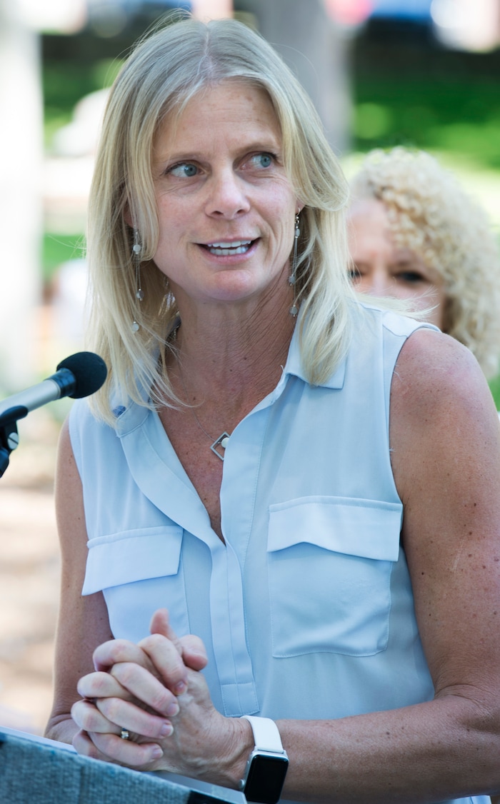 (Rick Egan  |  The Salt Lake Tribune)       Kristin Riker. Salt Lake City Parks & Public Lands Director, speaks at the grand reopening celebration for Fairmont Park Pond, Wednesday, June 27, 2018.
