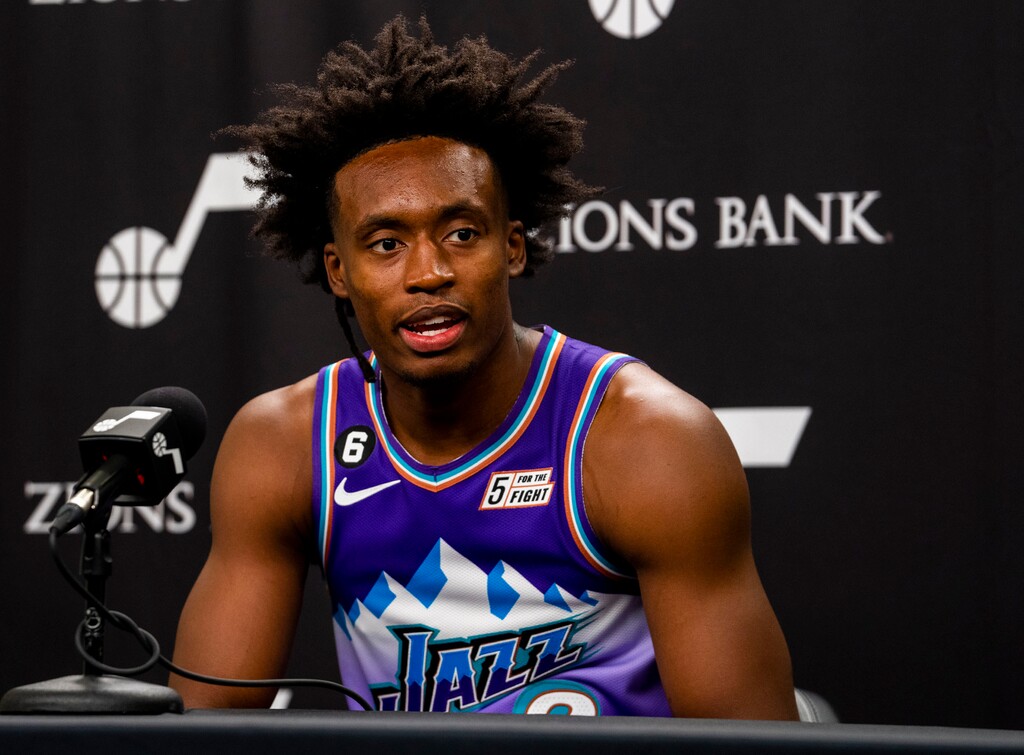 (Rick Egan | The Salt Lake Tribune)  Utah Jazz shooting guard Collin Sexton, answers questions during the Utah Jazz Media Day, on Monday, Sept. 26, 2022.