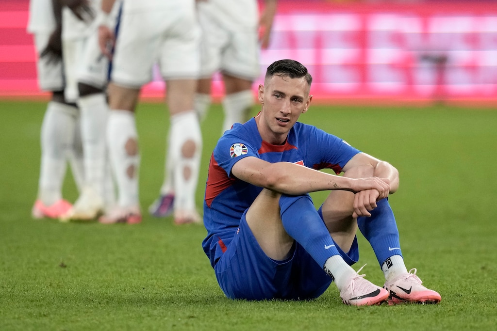 (Thanassis Stavrakis | AP) Slovakia's Robert Bozenik reacts at the end of a round of sixteen match between England and Slovakia at the Euro 2024 soccer tournament in Gelsenkirchen, Germany, Sunday, June 30, 2024.