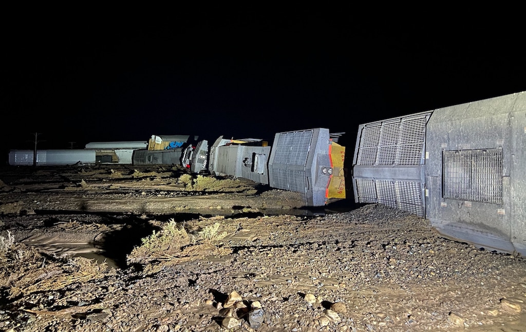 (Iron County Sheriff's Office) A flash flood derailed a train near Lund on Thursday night.