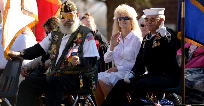 (Leah Hogsten  |  The Salt Lake Tribune) Members of the Veterans of Foreign Wars Post 1481 from Ogden greets the crowd at Northern Utah’s 12th Annual Veterans Day Parade Saturday, Nov. 11, 2017 in Layton.
