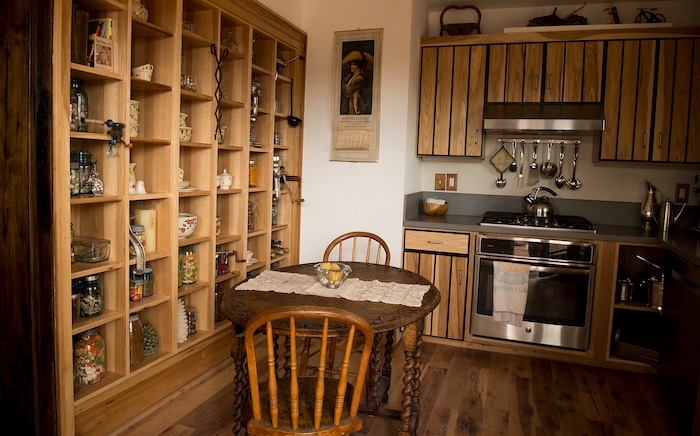 (Leah Hogsten  |  The Salt Lake Tribune) The remodeled kitchen, once the lean-to addition, built in 1950 had amenities other families lacked; a flush toilet, bathtub and a kitchen. The one-room frontier house was dilapidated and boarded up and had sat vacant for 50 years, when Dawn House purchased the 1886 home in Torrey three years ago.