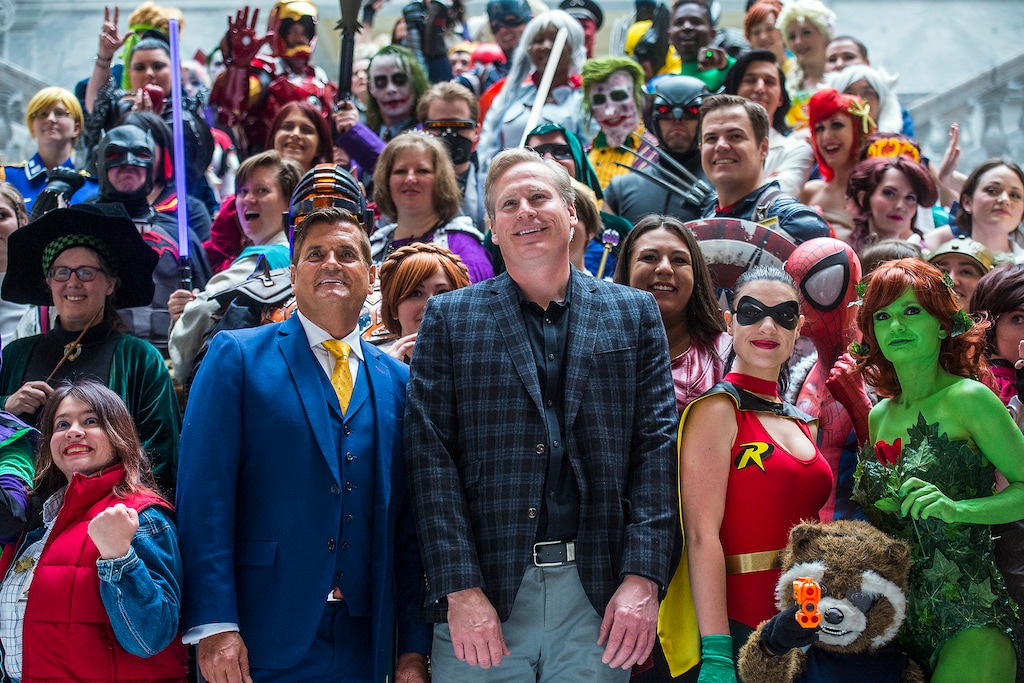 ( Chris Detrick  |  The Salt Lake Tribune ) Bryan Brandenburg, Dan Farr and cosplayers pose for photos during a news conference for Salt Lake Comic Con at the Utah Capitol Wednesday, May 17, 2017.