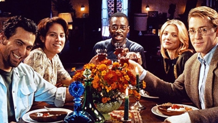 ( Courtesy Sony Pictures) Five grad students (from left: Jonathan Penner, Annabeth Gish, Courtney B. Vance, Cameron Diaz, Ron Eldard) plot to remove undesirables from the world in the 1995 satirical comedy "The Last Supper."
