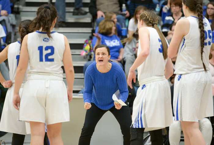 (Leah Hogsten  |  The Salt Lake Tribune)  Fremont's head coach Lisa Dalebout gives direction in overtime. Fremont defeated Westlake 54-50 in their semifinal game of the 6A High School Girls' Basketball Tournament at SLCC in Taylorsville, Friday, Feb. 23, 2018. 