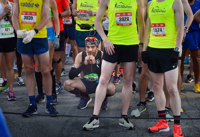 (Scott Sommerdorf | The Salt Lake Tribune)A runner is alone with his thoughts prior to the first wave leaving the starting line of the Salt Lake City marathon, Saturday, April 21, 2018.