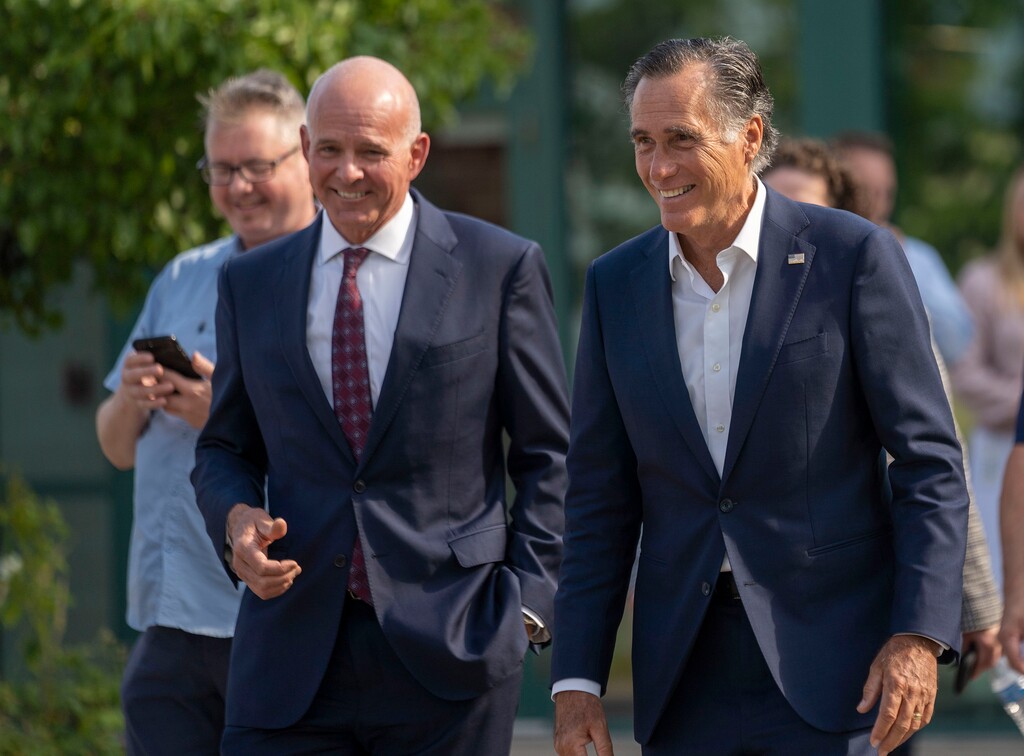 (Rick Egan | The Salt Lake Tribune)  Carlos Braceras, Department of Transportation executive director, visits with Sen. Mitt Romney before touring  the Utah Department of Transportation's Traffic Operations Center on Thursday, Aug. 26, 2021.