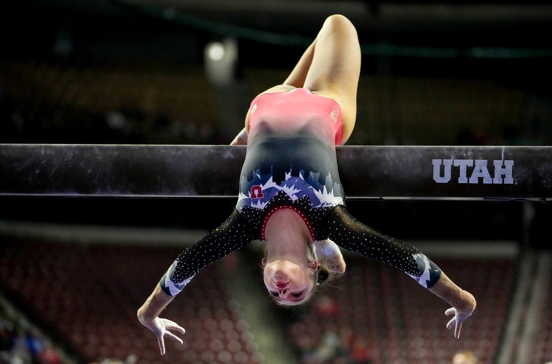 (Francisco Kjolseth | The Salt Lake Tribune) Utah’s Maile O’Keefe competes on the beam at the Best of Utah NCAA Gymnastics Meet at the Maverik Center in West Valley City on Friday, Jan. 7, 2022.