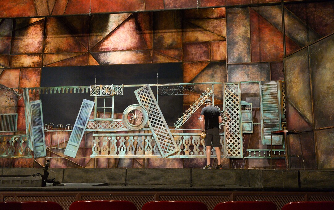 (Leah Hogsten  |  The Salt Lake Tribune) Lighting technicians prepare the set for the upcoming production of “Twelfth Night,” Tuesday, March 20, 2018.  