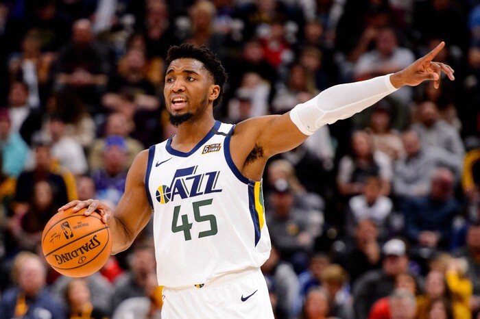(Trent Nelson  |  The Salt Lake Tribune) Utah Jazz guard Donovan Mitchell (45) as the Utah Jazz host the Sacramento Kings, NBA basketball in Salt Lake City on Saturday, Jan. 18, 2020.