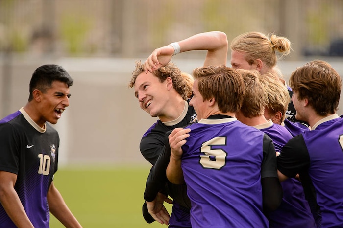 (Trent Nelson | The Salt Lake Tribune)  Desert Hills vs. Park City High School, Saturday May 12, 2018. Desert Hills's Kelton Holt celebrates a goal.