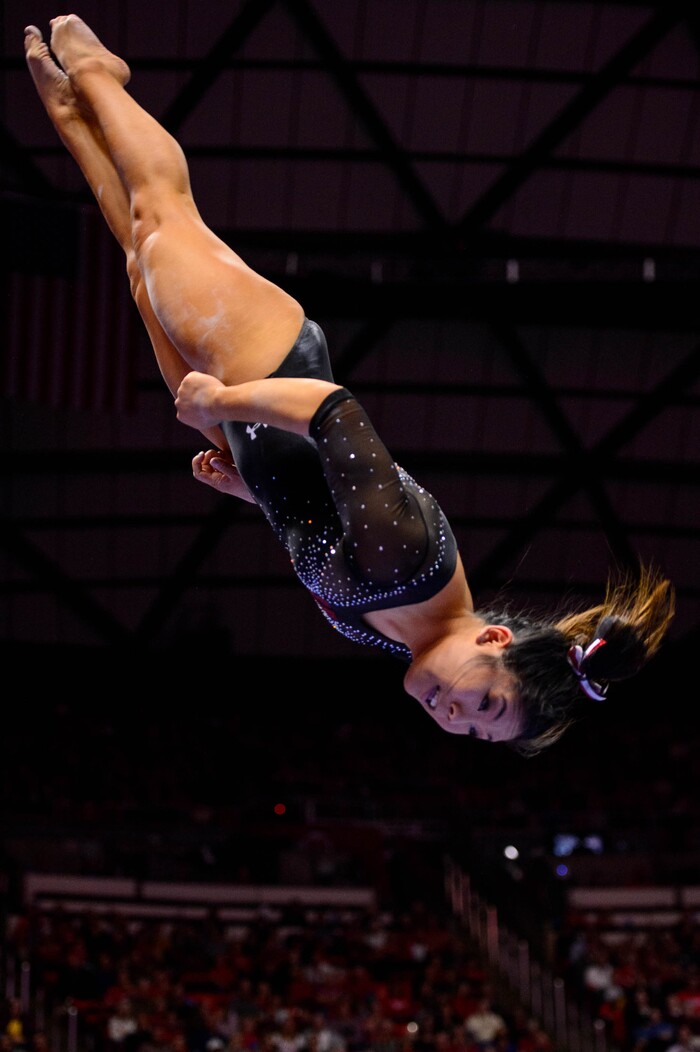 (Trent Nelson  |  The Salt Lake Tribune) Cristal Isa on the beam as the University of Utah hosts Arizona State, NCAA gymnastics in Salt Lake City on Friday, Jan. 24, 2020.
