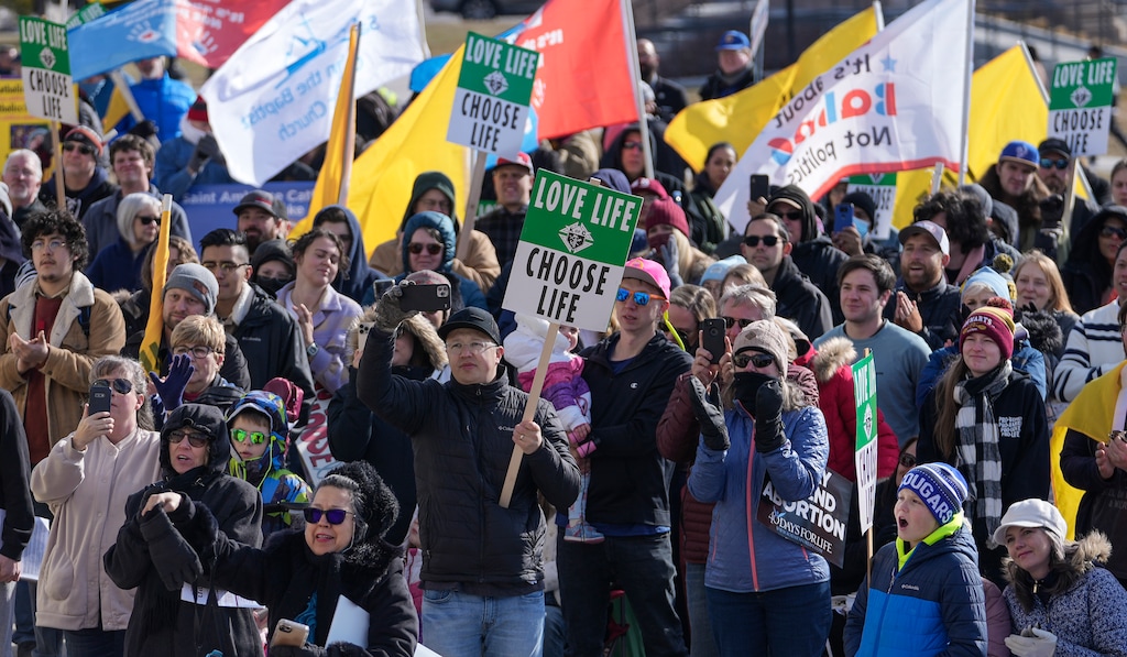 (Leah Hogsten | The Salt Lake Tribune)  Hundreds of anti-abortion activists rally at Pro-Life Utah's March for Life at the Utah Capitol on Saturday, in conjunction with the national March for Life in D.C., Jan. 22, 2022. 