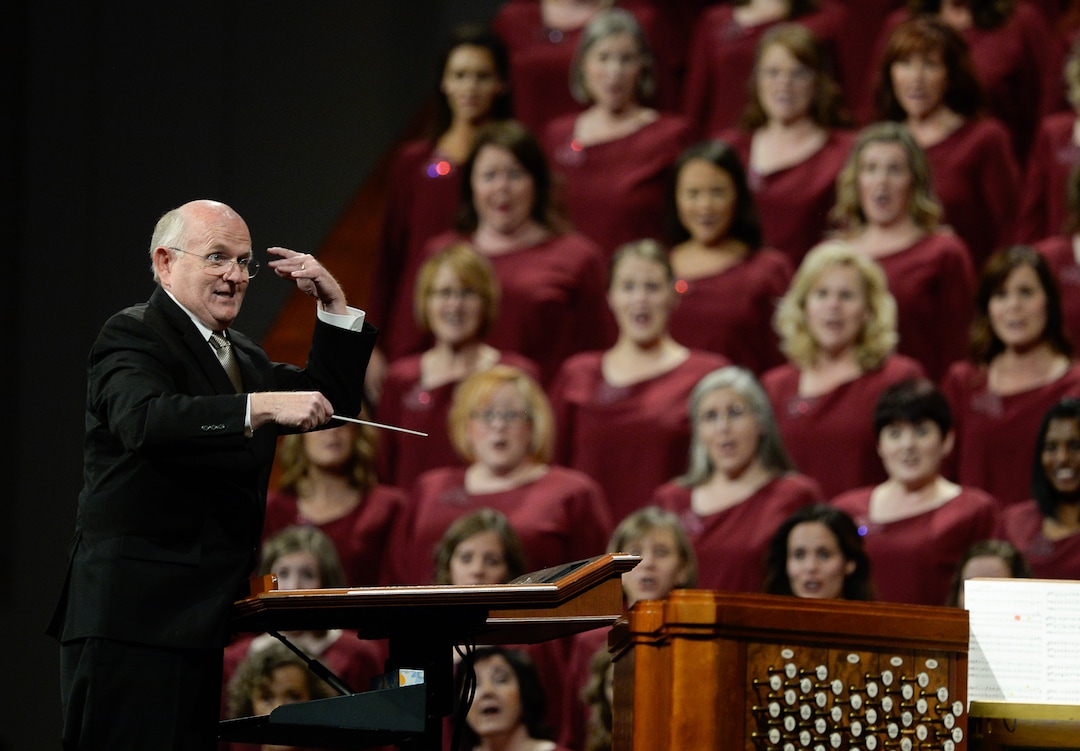 (Francisco Kjolseth  |  The Salt Lake Tribune)  Mack Wilberg conducts the Tabernacle Choir at Temple Square concluding the morning session during the Church of Jesus Christ of Latter-day Saints' twice-annual church conference Sunday, Oct. 6, 2019, in Salt Lake City.