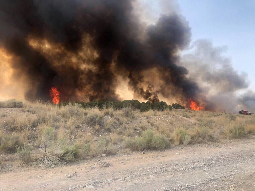(Photo courtesy of Santaquin City Fire/EMS) The Goshen Fire burns near Santaquin on Sunday, Sept. 13, 2020.