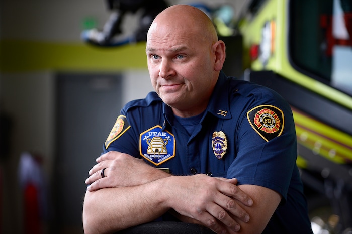 (Scott Sommerdorf | The Salt Lake Tribune)
Capt. Mike Stevens speaks during an interview at Fire Station 12 near the Salt Lake International Airport, Thursday, May 10, 2018.
Stevens was once suicidal, a reaction to accumulated traumas he had witnessed on the job. He's now pushing other first responders to consider their mental health.