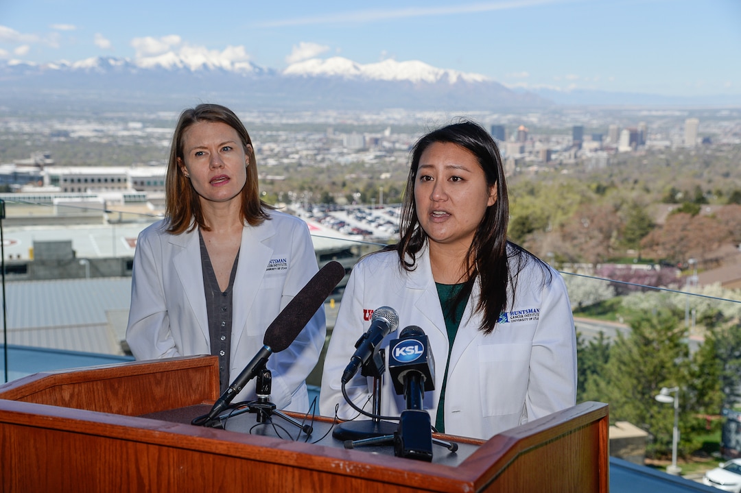 (Francisco Kjolseth  |  The Salt Lake Tribune)  Anne Kirchhoff, PhD and Judy Ou, PhD, cancer epidemiologist at Huntsman Cancer Institute are seen overlooking the Salt Lake valley on Tuesday, March 23, 2019, as they discuss a study conducted by researchers at HCI that indicates air pollution is a health risk for childhood cancer survivors.
