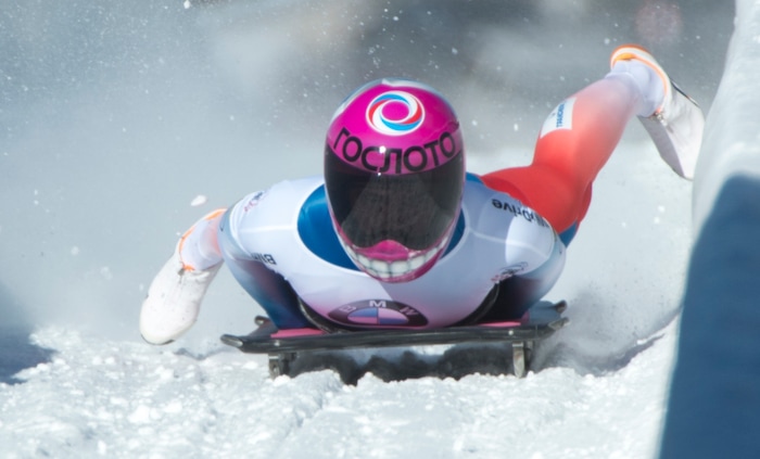 (Rick Egan  |  The Salt Lake Tribune)  Elena Nikitina, Russia, comes in to the finish in first place in the BMW IBSF World Cup Skeleton competition, in Park City, Saturday, November 18, 2017.