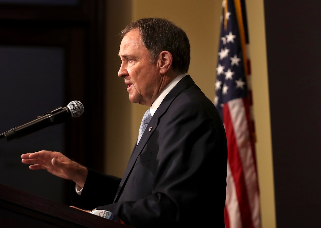 (Steve Griffin | Deseret News, pool) Gov. Gary Herbert talks during the daily COVID-19 briefing at the Capitol in Salt Lake City on Wednesday, May 20, 2020.