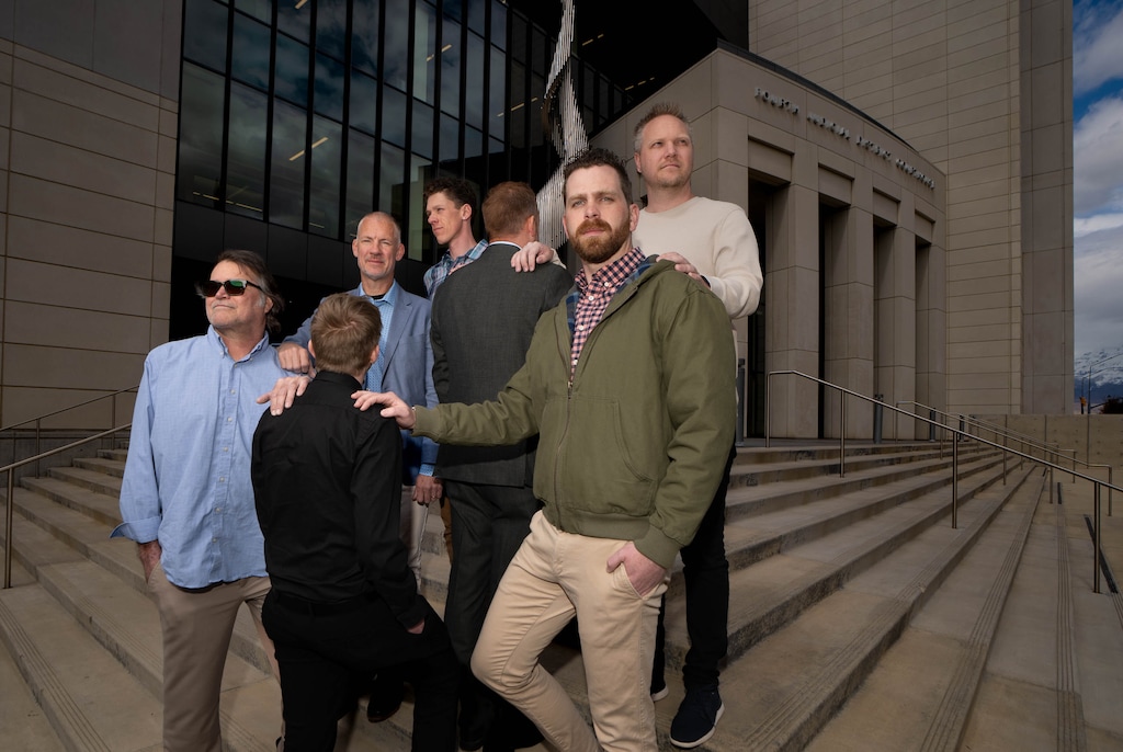 (Francisco Kjolseth | The Salt Lake Tribune) These men allege that ex-therapist Scott Owen sexually abused them in his roles as their therapist, church leader or relative. On Monday, they gathered at the Provo courthouse as Owen was sentenced to prison after he admitted to sexually abusing patients during therapy. From left to right, front row: Mike Bahr, "Andrew." Second row: James Cooper, "Sam," and Michael. Top row: Jonathan Scott, Troy Leishman. Michael asked to be identified by only his first name, and Sam and Andrew are being identified by pseudonyms.