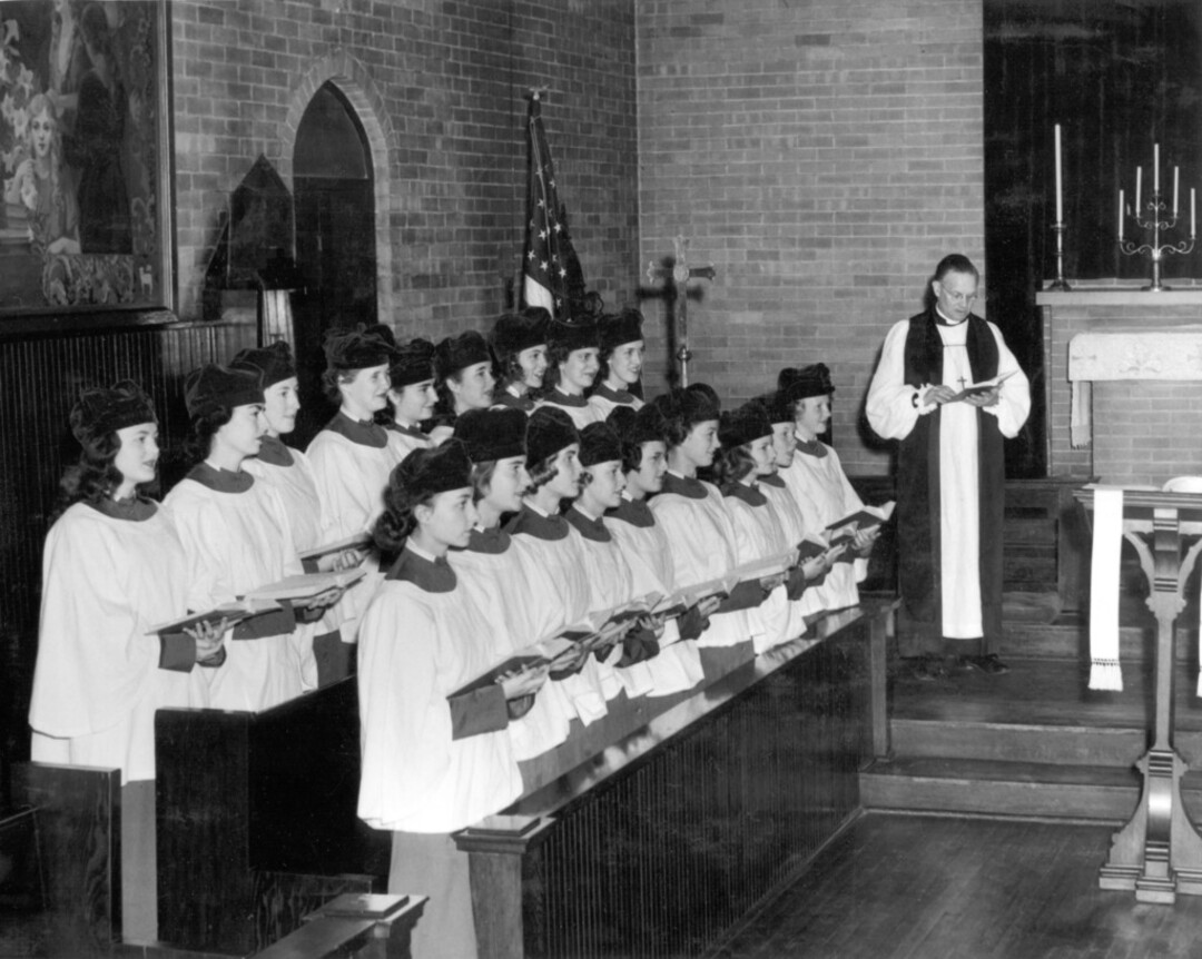 (Courtesy of Rowland Hall)  A 1930s-era shot in the chapel, with Episcopal Bishop A. W. Moulton (far right).