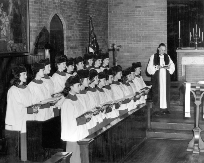 (Courtesy of Rowland Hall) A 1930s-era shot in the chapel, with Episcopal Bishop A. W. Moulton (far right).