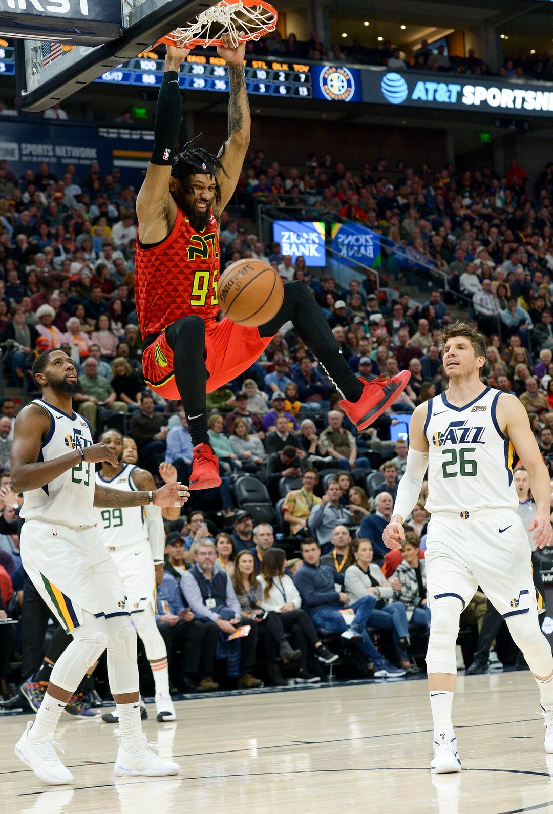 Leah Hogsten  |  The Salt Lake Tribune Atlanta Hawks forward DeAndre' Bembry (95) dunks on the Jazz.  The Utah Jazz defeated the Atlanta Hawks, 128-112  at Vivint Smart Home Arena, Feb. 1, 2019. 