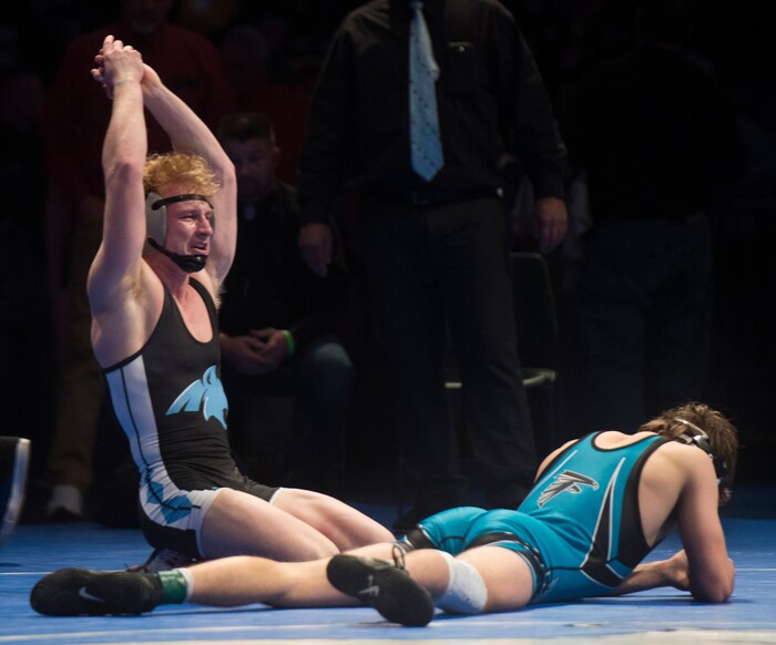 (Rick Egan  |  The Salt Lake Tribune)   Ryan Hansen (Sky View) defeats Brady Lowry (Canyon View) (Dec 8-5) in the 145 weight class, in the 4A State Wrestling at UVU in Orem, Saturday, February 10, 2018.